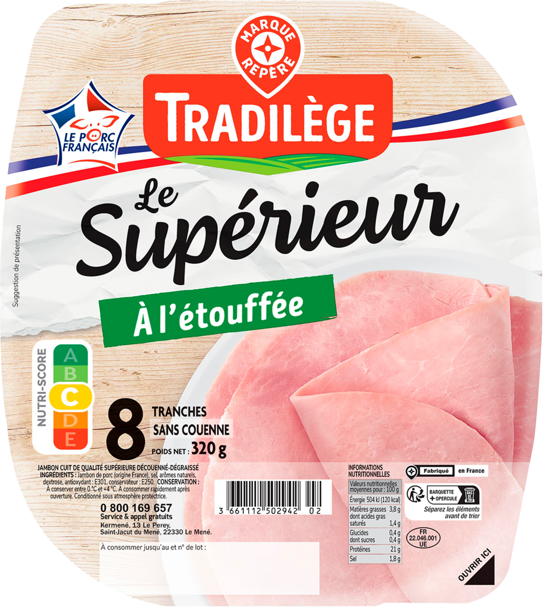 JAMBON DE QUALITÉ SUPÉRIEURE DÉCOUENNÉ DEGRAISSÉ CUIT À L'ÉTOUFFÉE