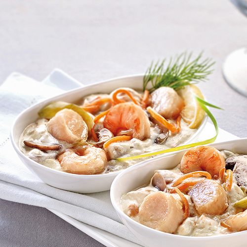 NOIX DE ST-JACQUES* AUX PETITS LÉGUMES ET SES GAMBAS