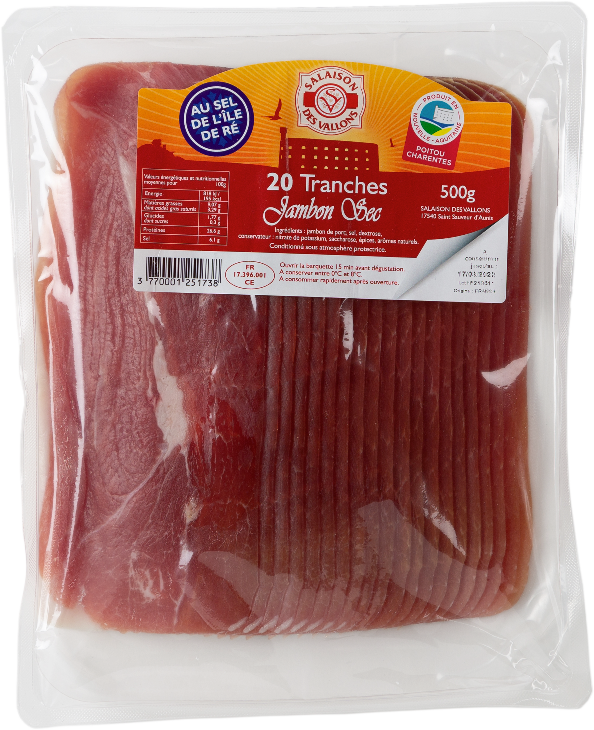 20 TRANCHES DE JAMBON SEC SALÉ AU SEL DE L’ÎLE DE RÉ