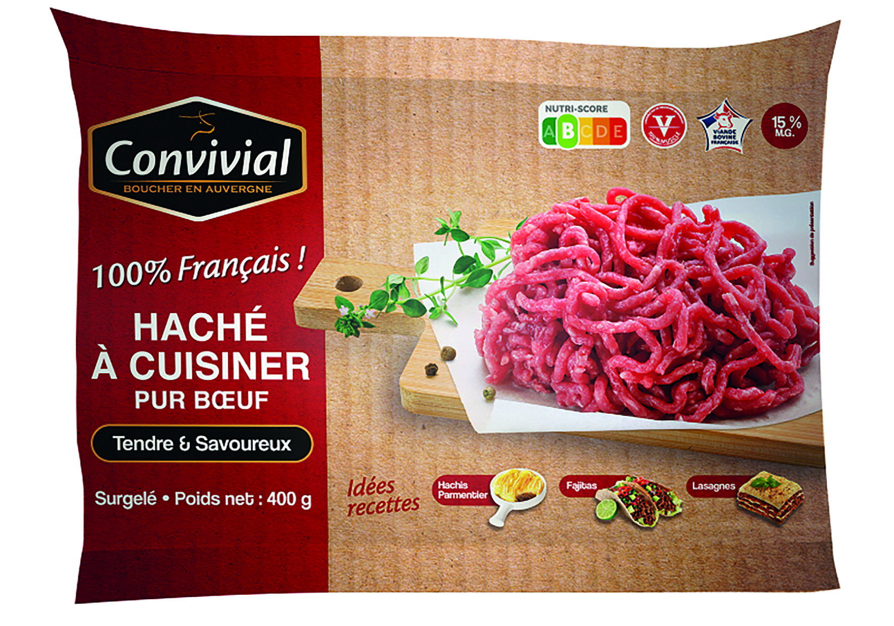 HACHÉ À CUISINER PUR BOEUF SURGELÉ 15% MAT. GR.