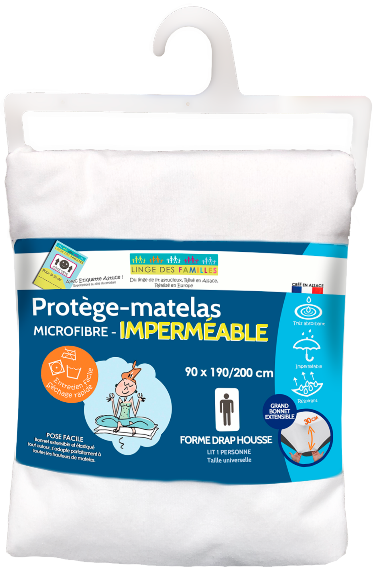 PROTÈGE MATELAS IMPERMÉABLE 90X190 CM, BONNET 30 CM