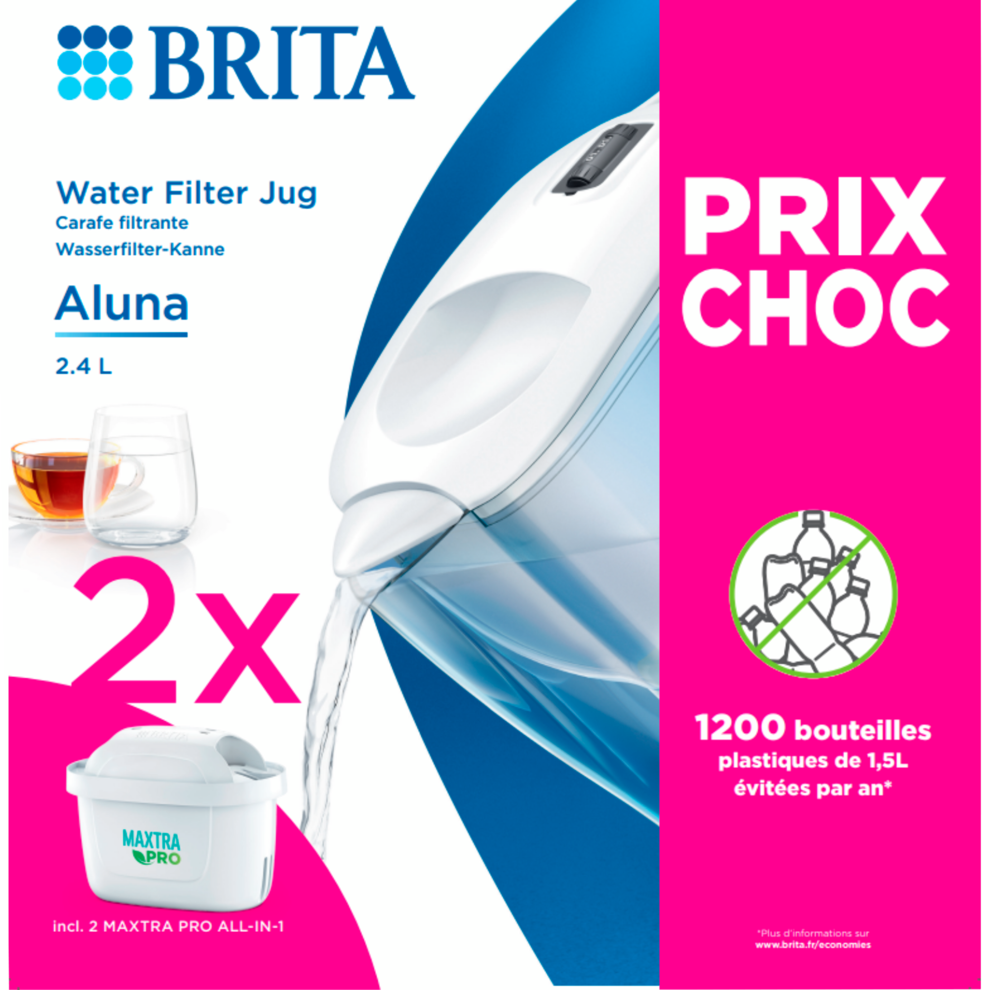 CARAFE FILTRANTE ALUNA BLANCHE 2,4L + 2 CARTOUCHES