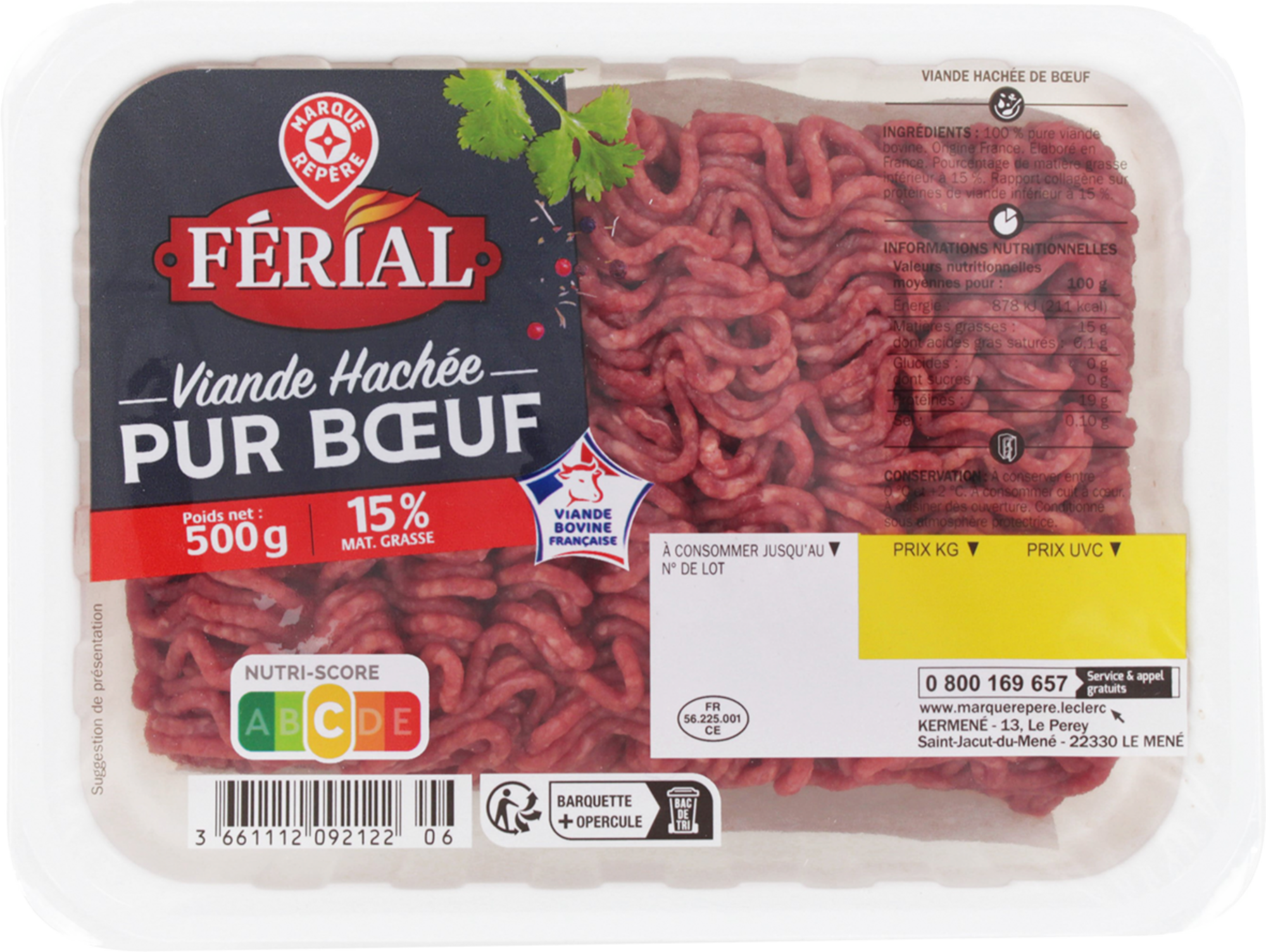 VIANDE HACHÉE PUR BOEUF 15% DE MAT. GR.