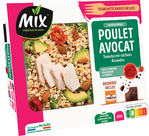 SALADE & CÉRÉALE POULET AVOCAT TOMATES MI-SÉCHÉES AMANDES + BROWNIE INCLUS