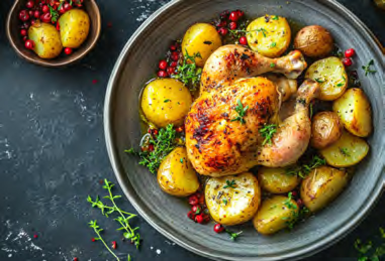 DEMI-POULET FERMIER RÔTI ET POMMES DE TERRE DORÉES