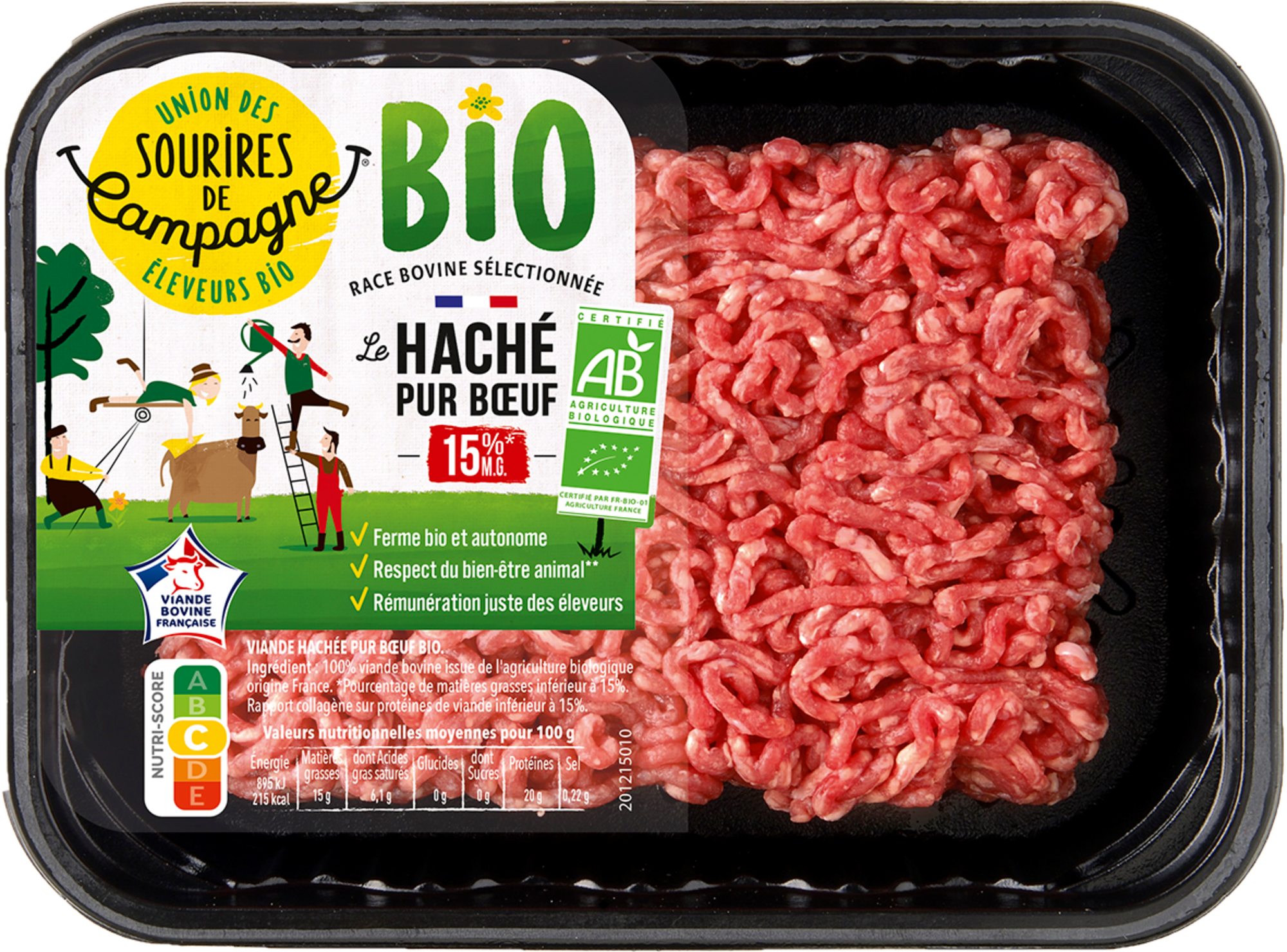 Viande hachée bio pur bœuf 15% Mat. Gr.