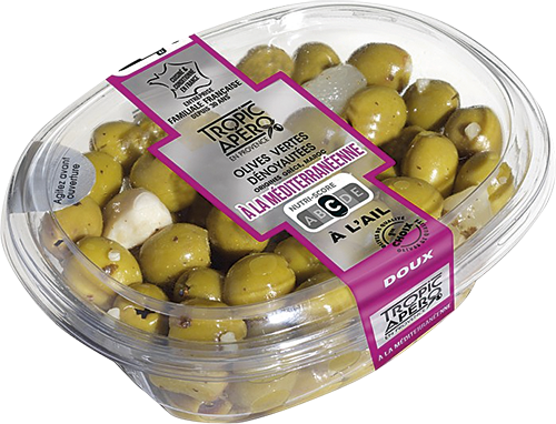 OLIVES VERTES DÉNOYAUTÉES À LA MÉDITERRANÉENNE À L’AIL
