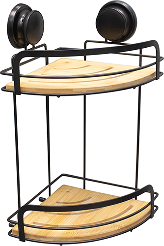 ÉTAGÈRE D'ANGLE DE DOUCHE 2 NIVEAUX MÉTAL ET BAMBOU À VENTOUSES