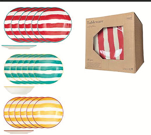 SERVICE 18 PIÈCES "H&H" MULTICOLORE EN PORCELAINE "STRIPIES"