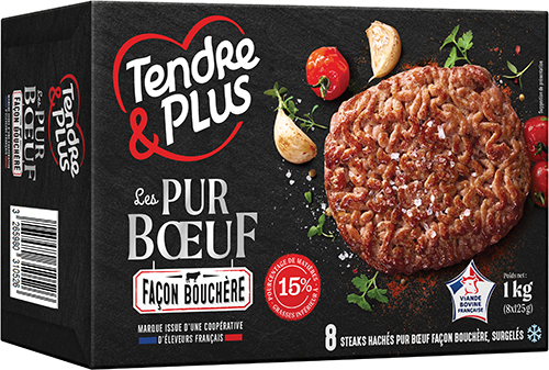 STEAKS HACHÉS PUR BŒUF FACON BOUCHÈRE 15% MAT.GR. SURGELÉS