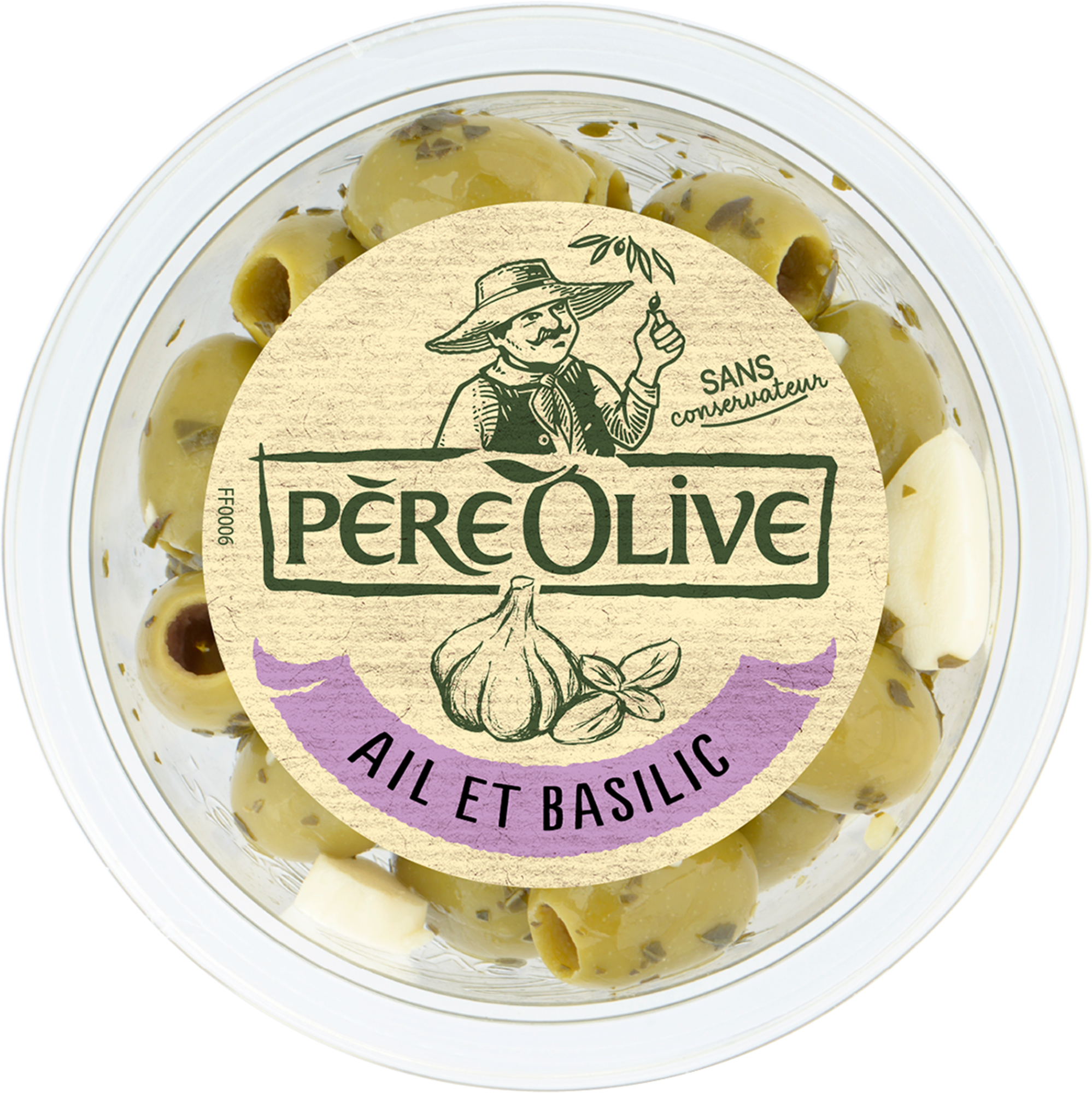 Olives vertes dénoyautées à l'ail et basilic