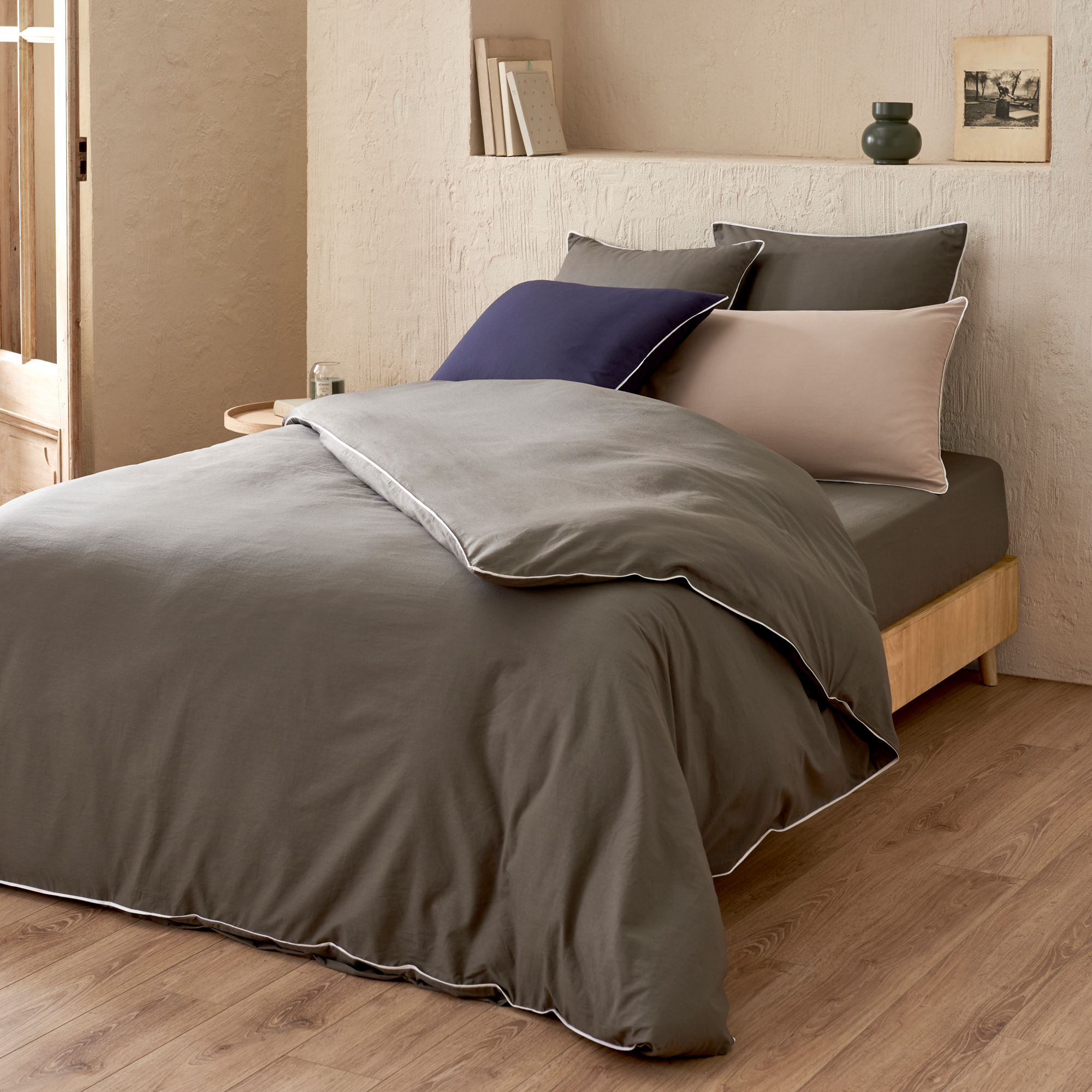 PARURE EN COTON LAVÉ HOUSSE DE COUETTE 200X200 CM + 2 TAIES D'OREILLER 63X63 CM