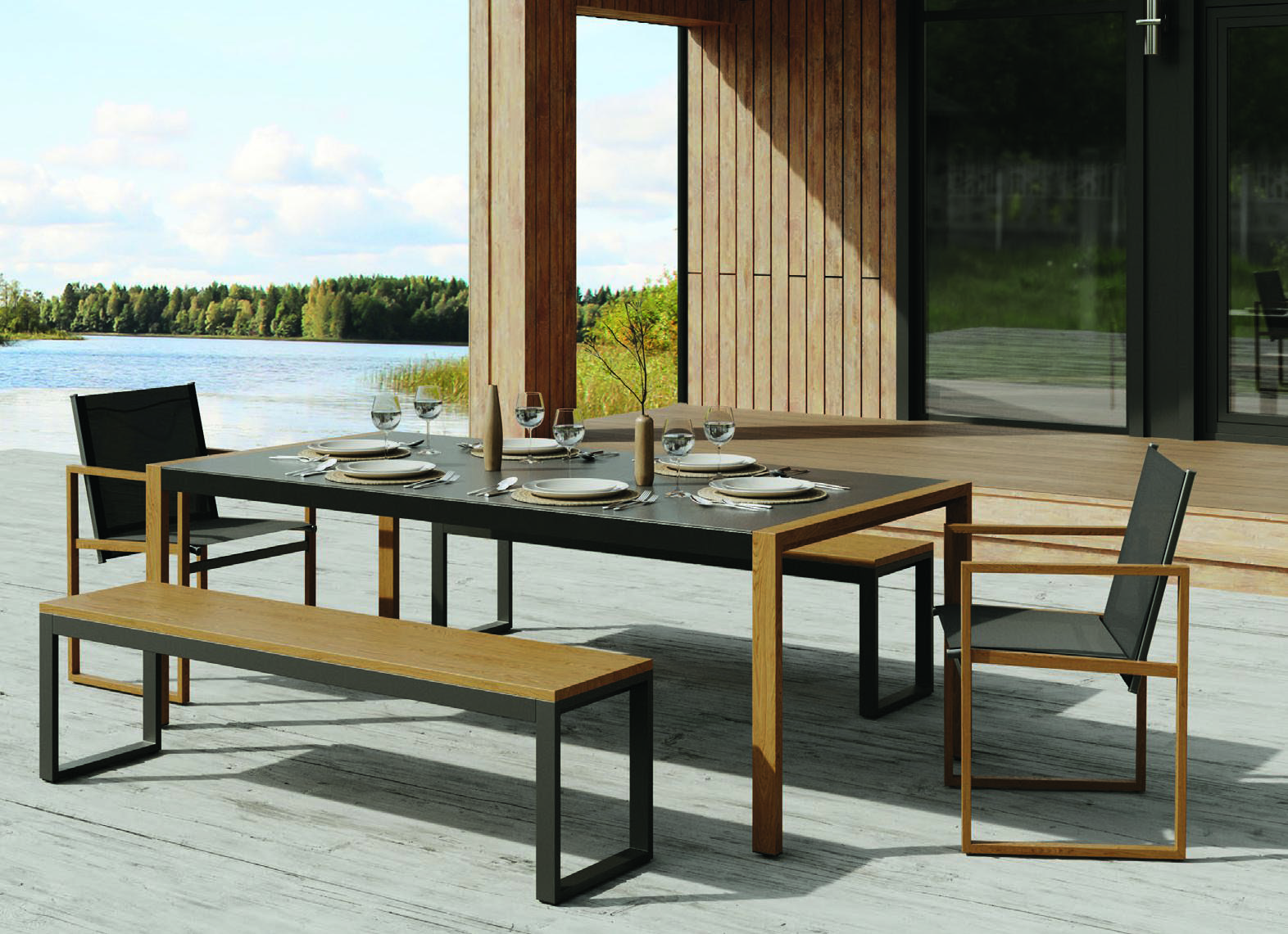 TABLE RECTANGULAIRE VERRE TREMPE ET IMITATION BOIS