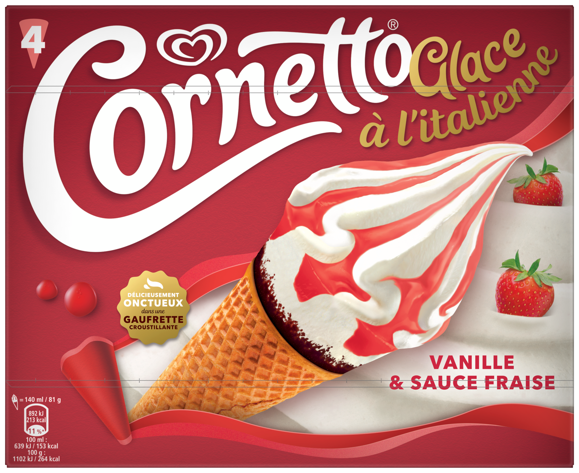 4 cônes glace à l'italienne vanille & sauce fraise