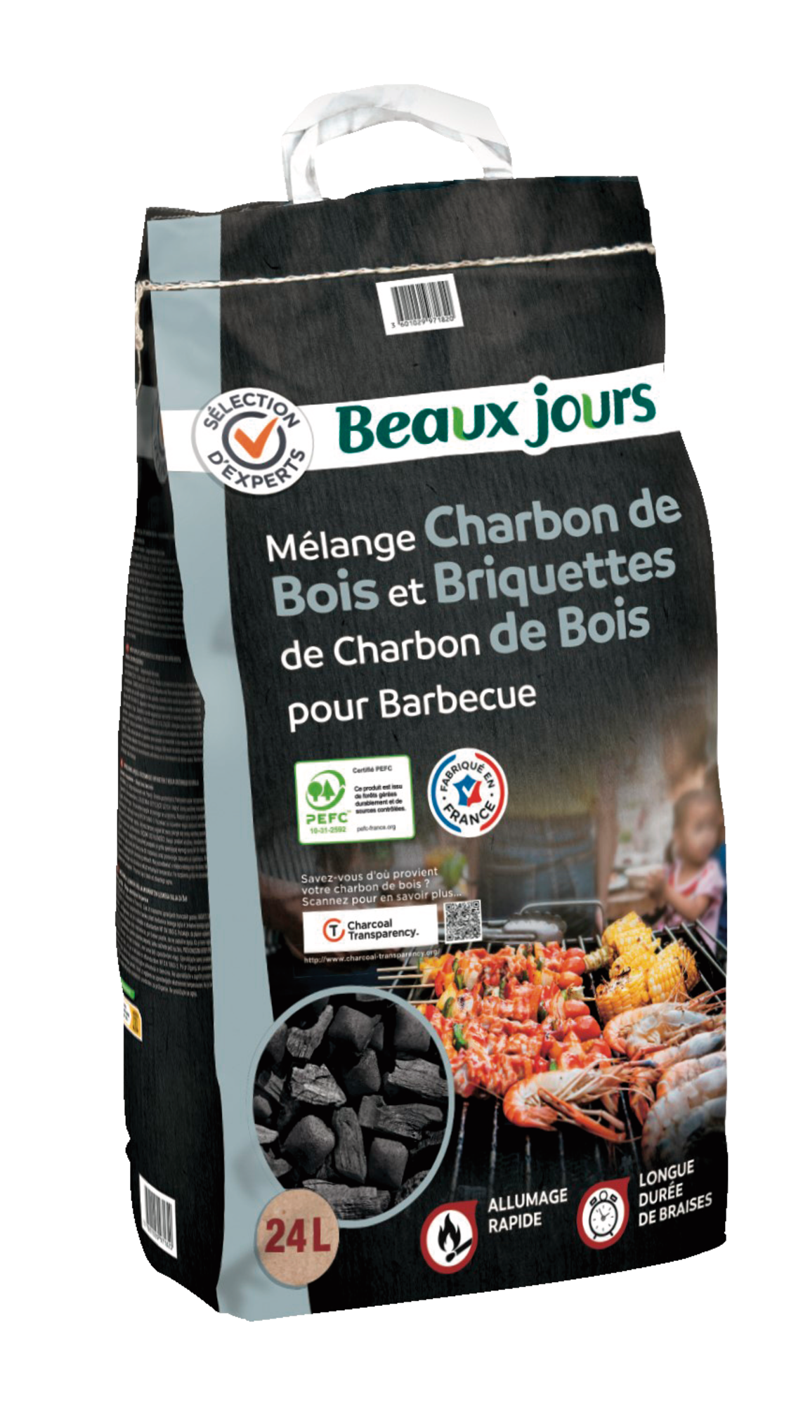 MÉLANGE CHARBON DE BOIS ET BRIQUETTES "BEAUX JOURS"