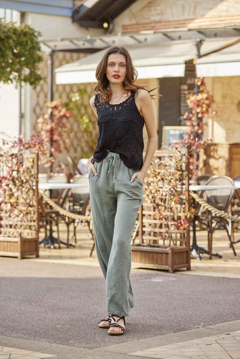 PANTALON FLUIDE UNI GAZE DE COTON