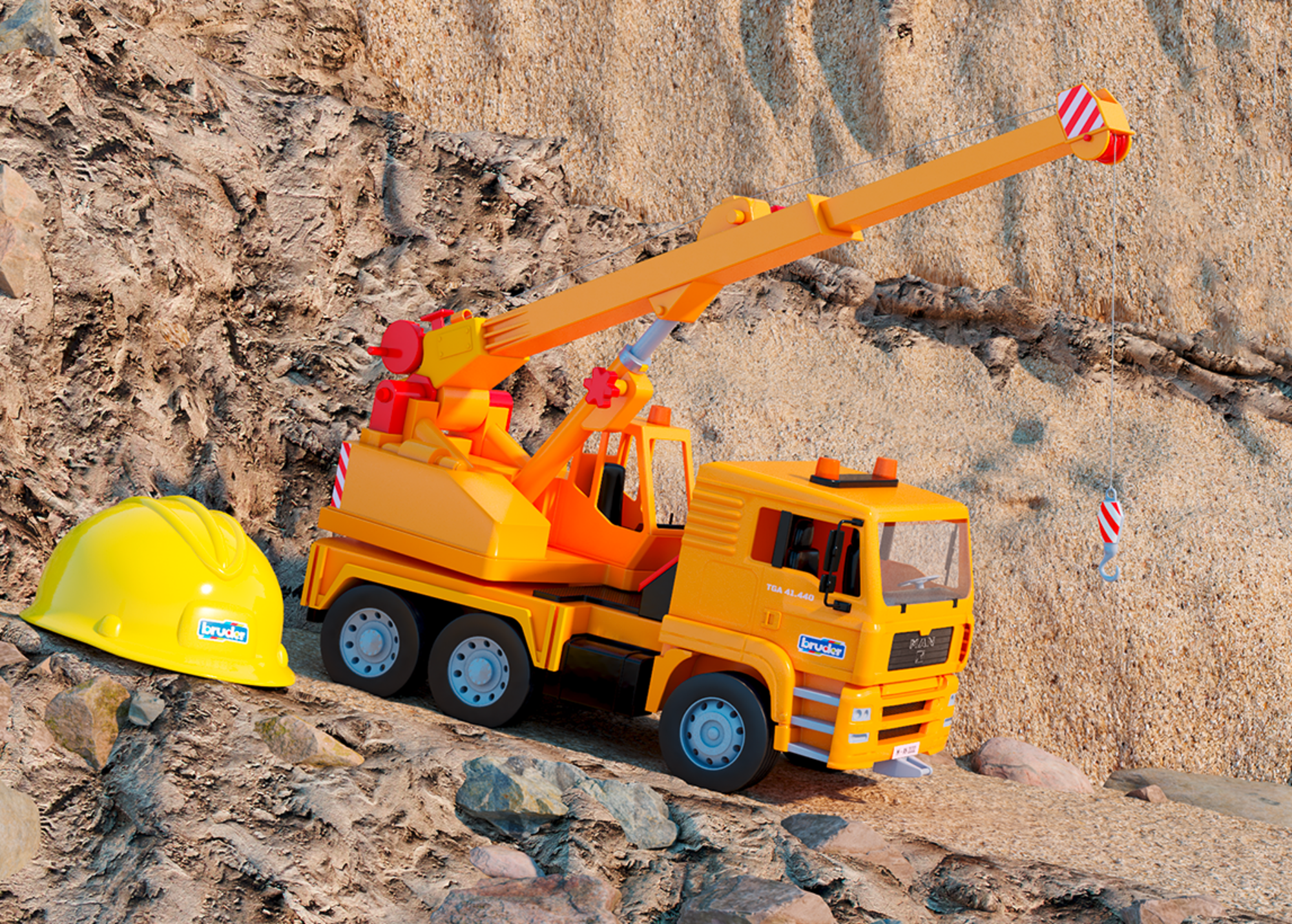 Camion grue avec casque de chantier