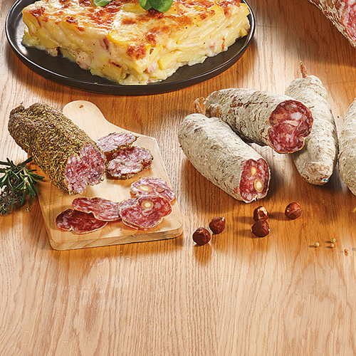 LOT DE 5 SAUCISSONS SECS ARTISANAUX PUR PORC CANTAL, NOIX, HERBES DE PROVENCE ET BEAUFORT