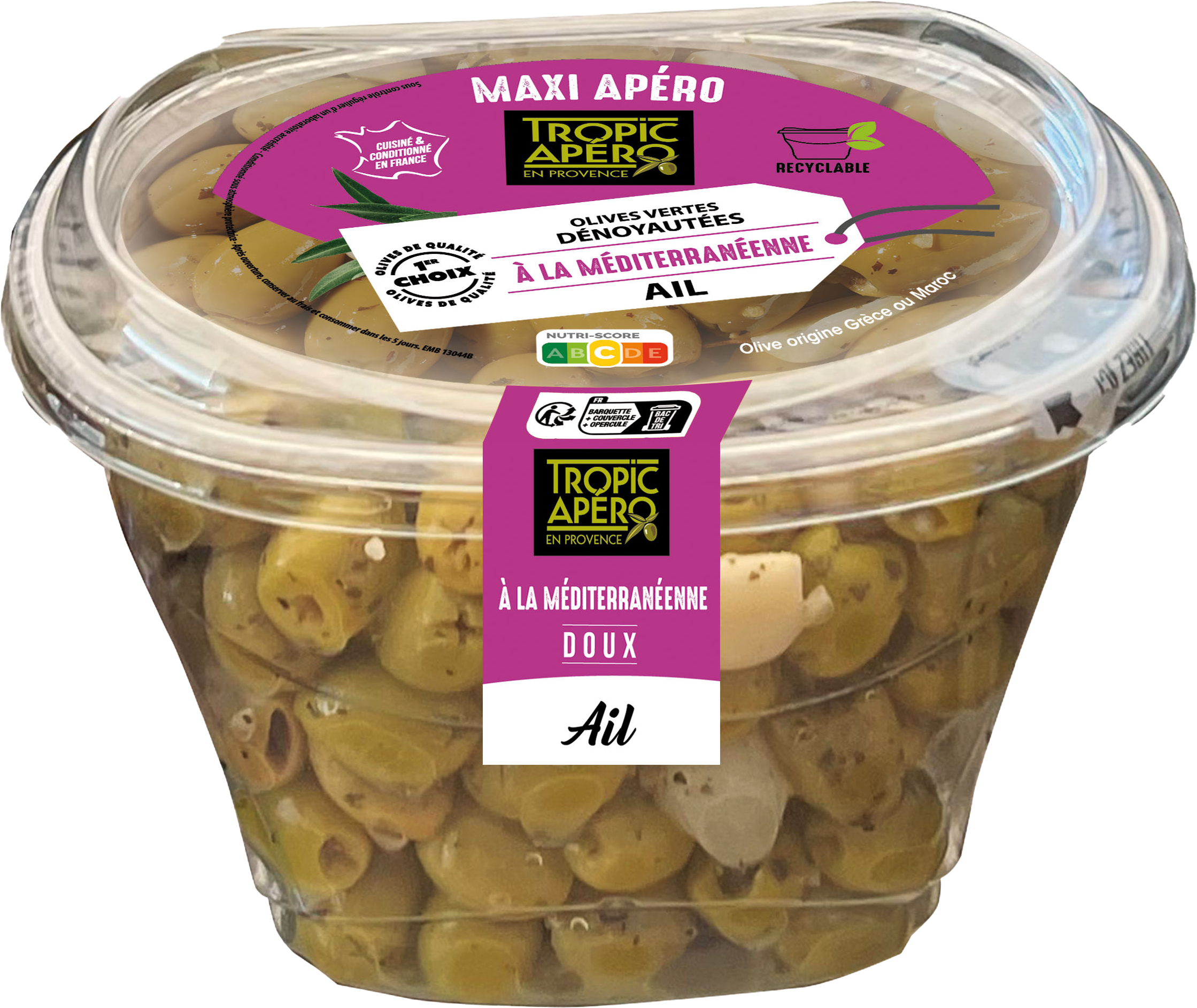 OLIVES VERTES DÉNOYAUTÉES À LA MÉDITERRANÉENNE À L'AIL