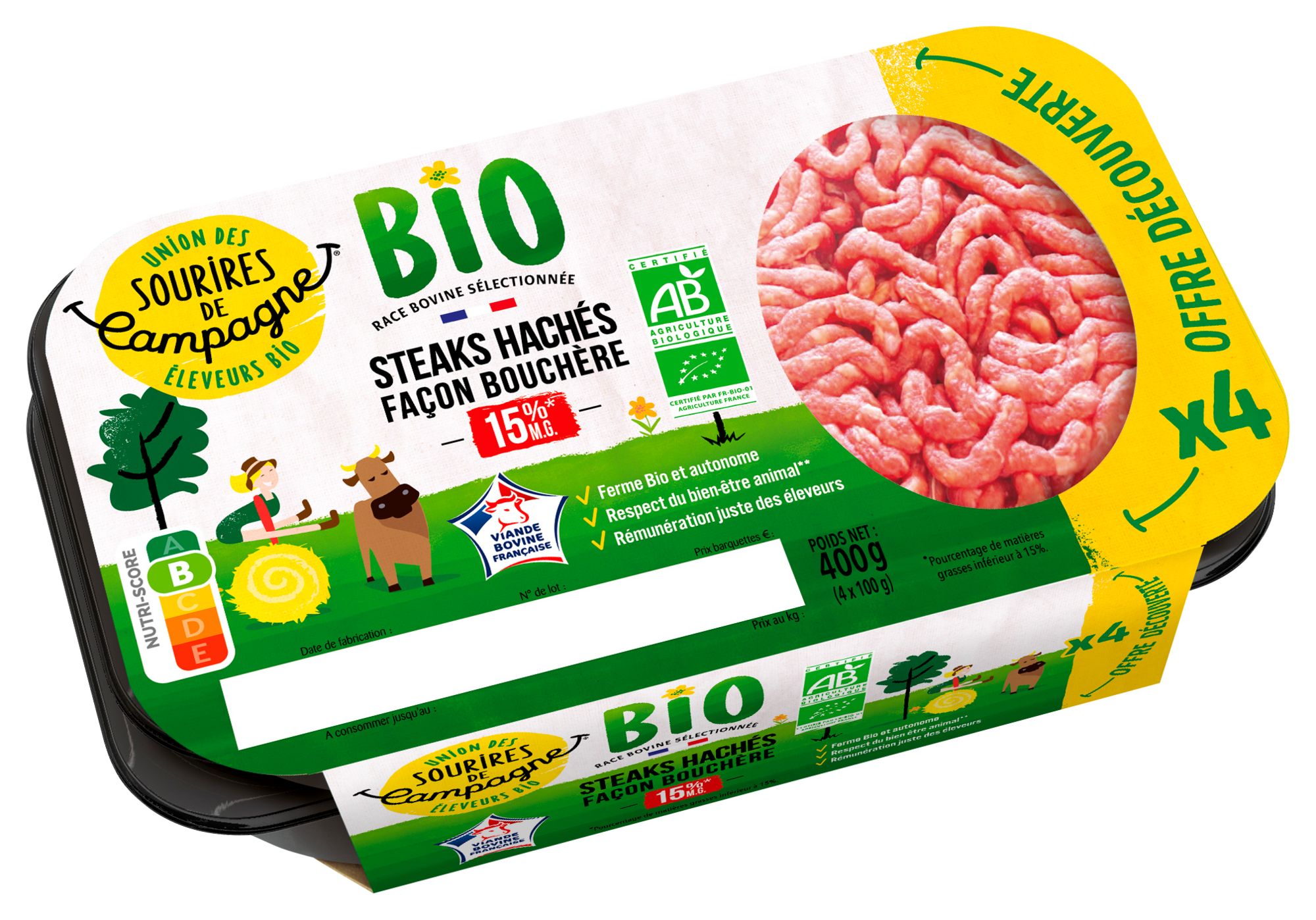 4 Steaks hachés façon bouchère 15% Mat. Gr. bio offre découverte