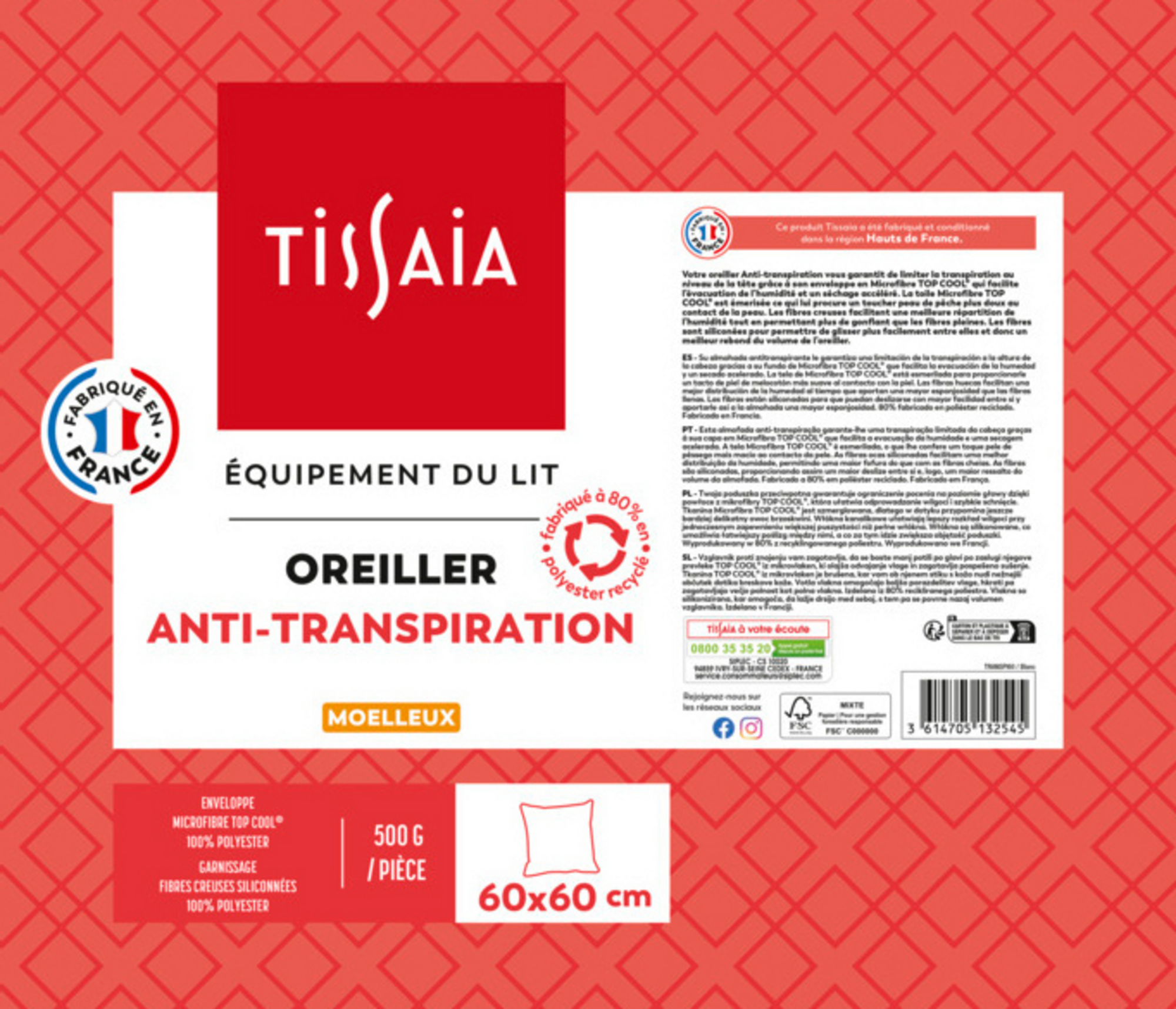 OREILLER ANTI-TRANSPIRATION MOELLEUX 60X60 CM