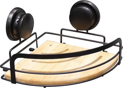 ÉTAGÈRE D'ANGLE DE DOUCHE MÉTAL ET BAMBOU À VENTOUSES