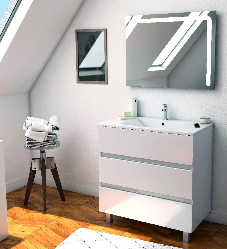 ENSEMBLE MEUBLE DE SALLE DE BAINS + VASQUE + MIROIR LUMINEUX 80 CM