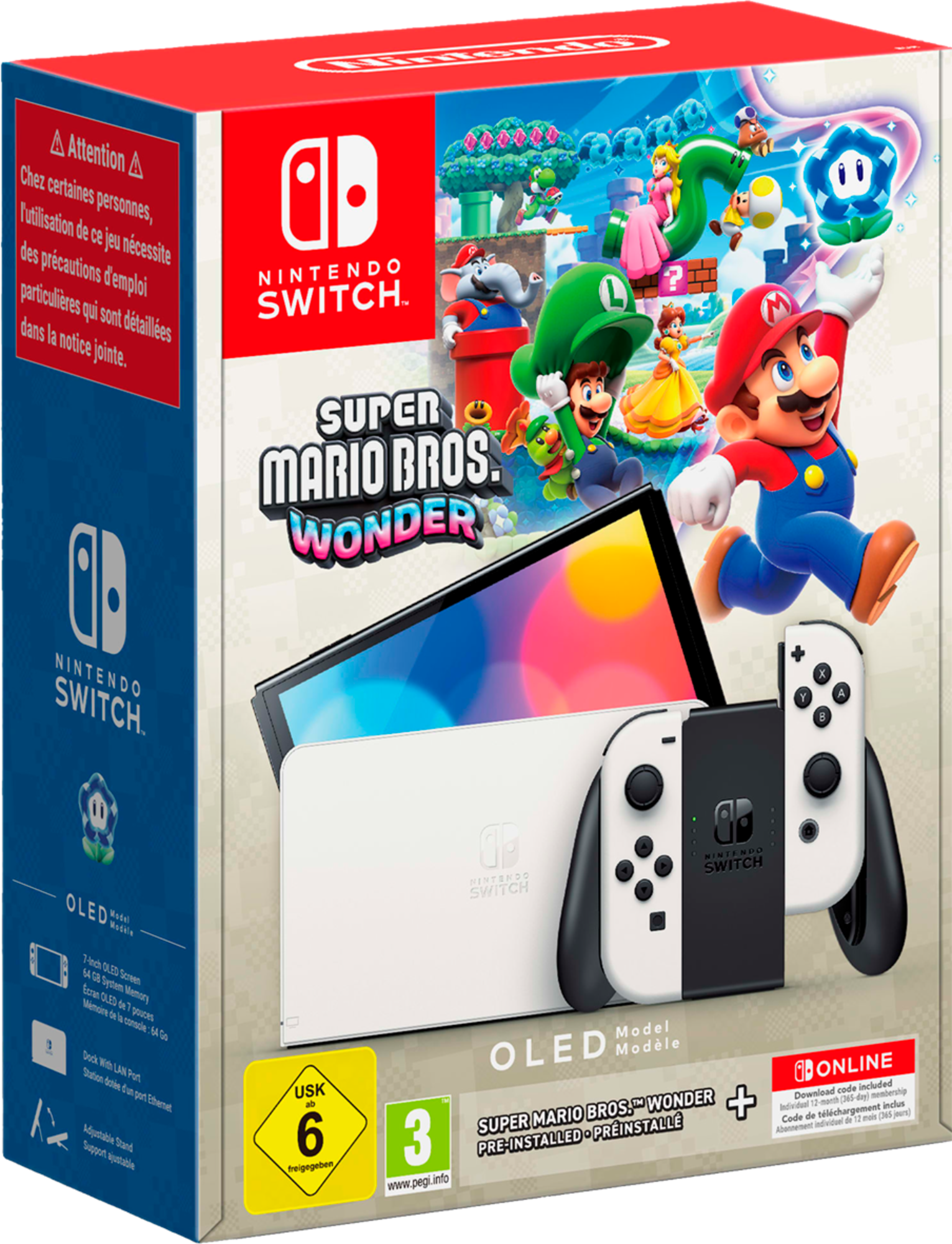 Console Nintendo Switch Oled blanche + Super Mario Bros. Wonder + abonnement 12 mois Nintendo Switch Online