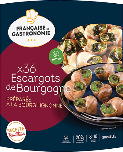 36 ESCARGOTS* 
DE BOURGOGNE 
MOYEN PRÉPARÉS 
À LA BOURGUIGNONNE SURGELÉS