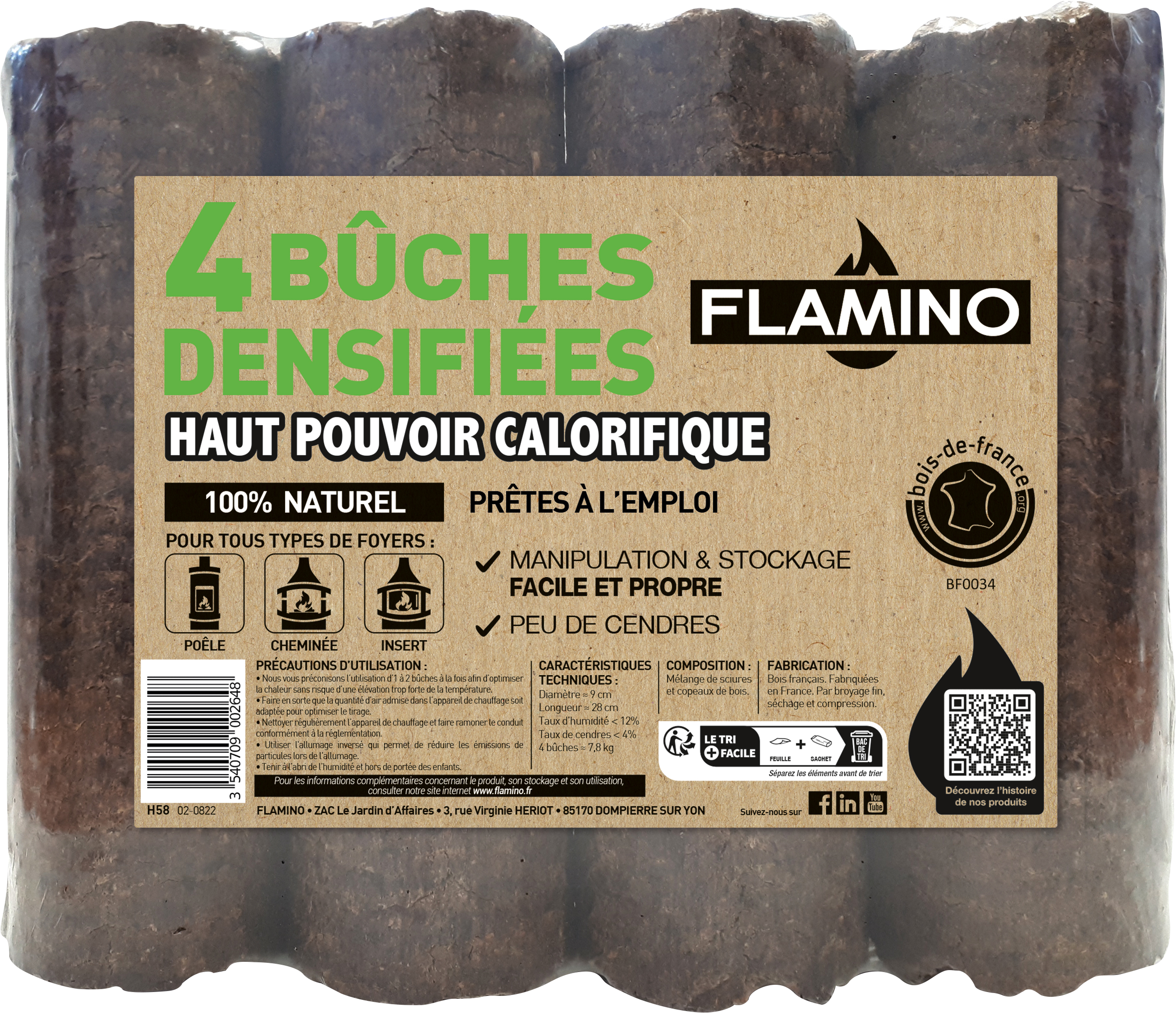 BÛCHES DENSIFIÉES
HAUT POUVOIR CALORIFIQUE X4