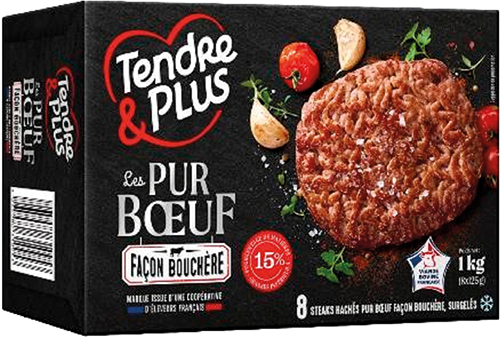 8 STEAKS HACHÉS LES PUR BŒUF FAÇON BOUCHÈRE 15% MAT. GR. SURGELÉS