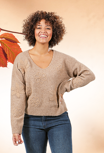 PULL MANCHES LONGUES BRODÉ COL V