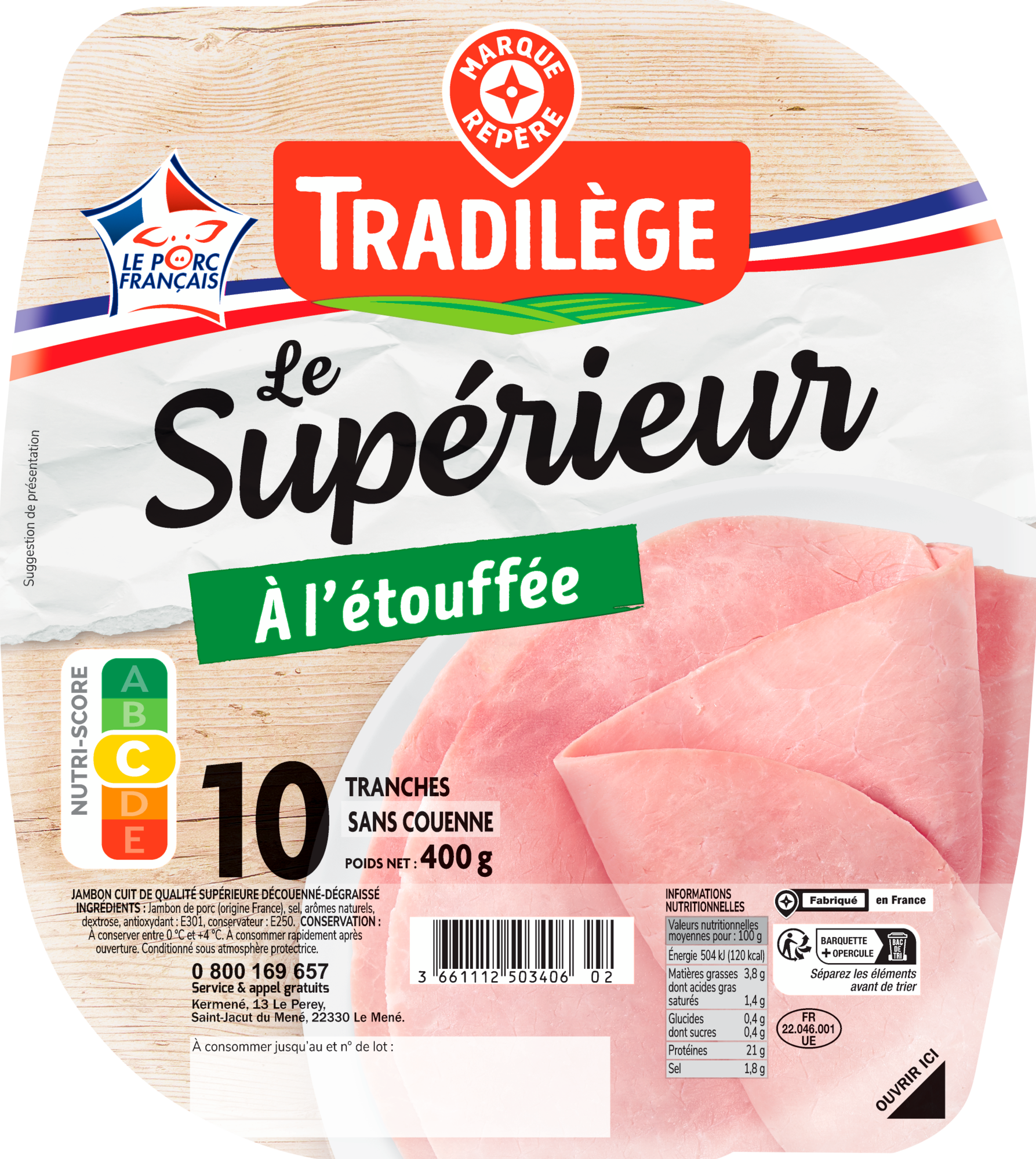 JAMBON DE QUALITÉ SUPÉRIEURE DÉCOUENNÉ DÉGRAISSÉ CUIT À L'ÉTOUFFÉE