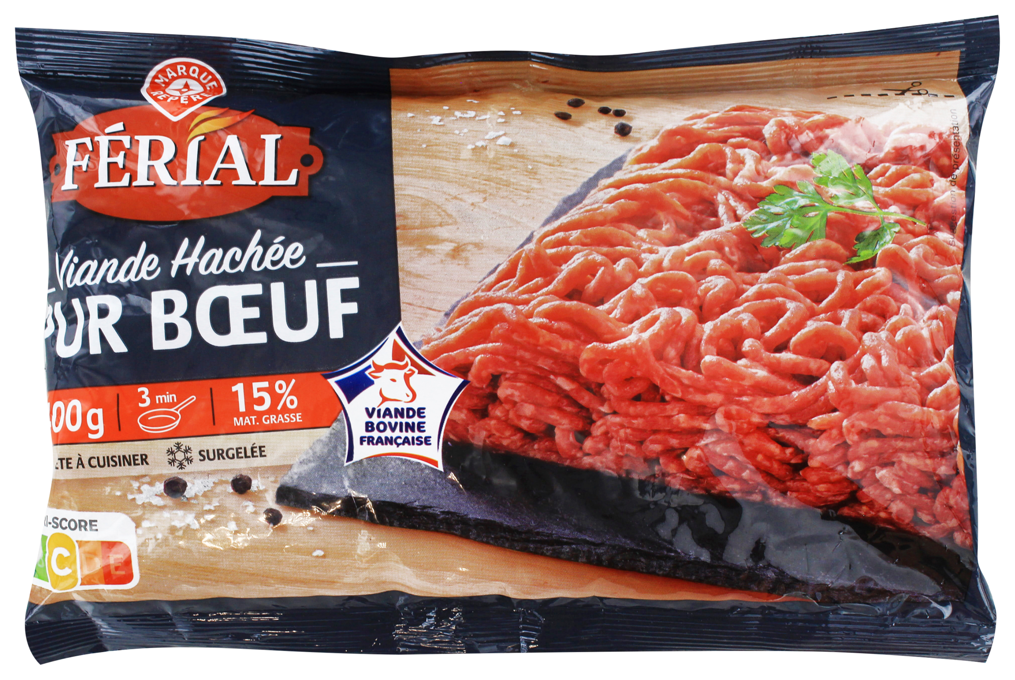 VIANDE HACHÉE PUR BOEUF SURGELÉE 15% DE MAT. GR.