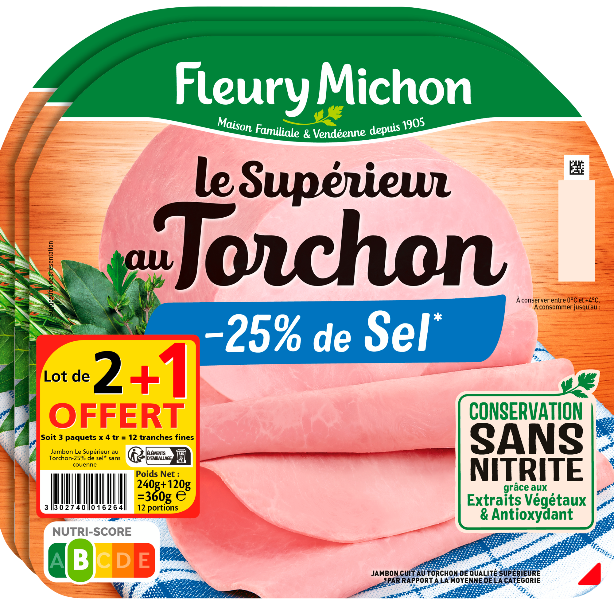 Jambon le supérieur au torchon -25% de sel conservation sans nitrite