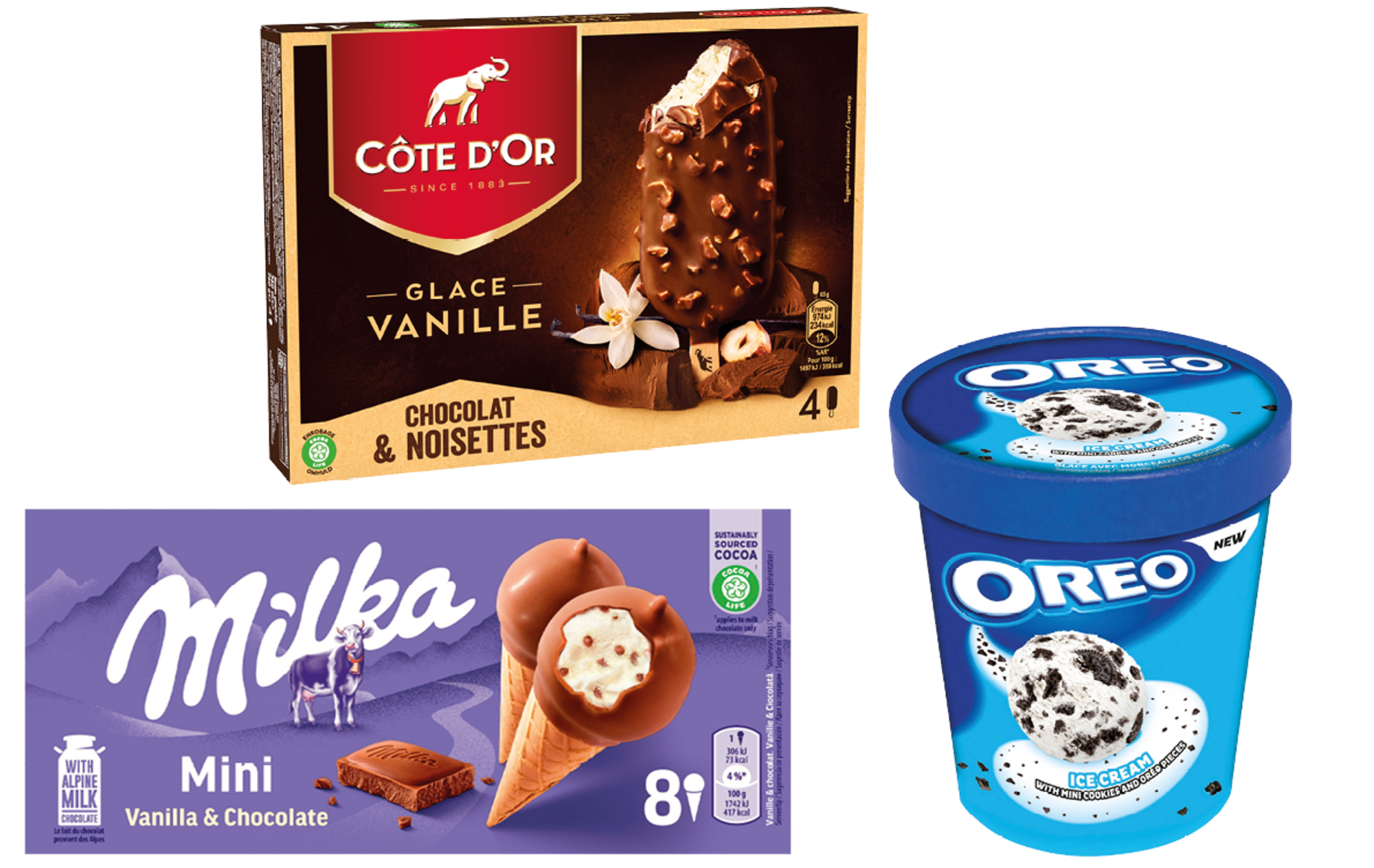 SUR LES PRODUITS PRÉSENTS EN MAGASIN DE LA GAMME MINI BÂTONNET, BÂTONNET, POT, MINI CÔNE DE CÔTE D'OR, DAIM, OREO, MILKA ET KIT KAT AU RAYON SURGELE