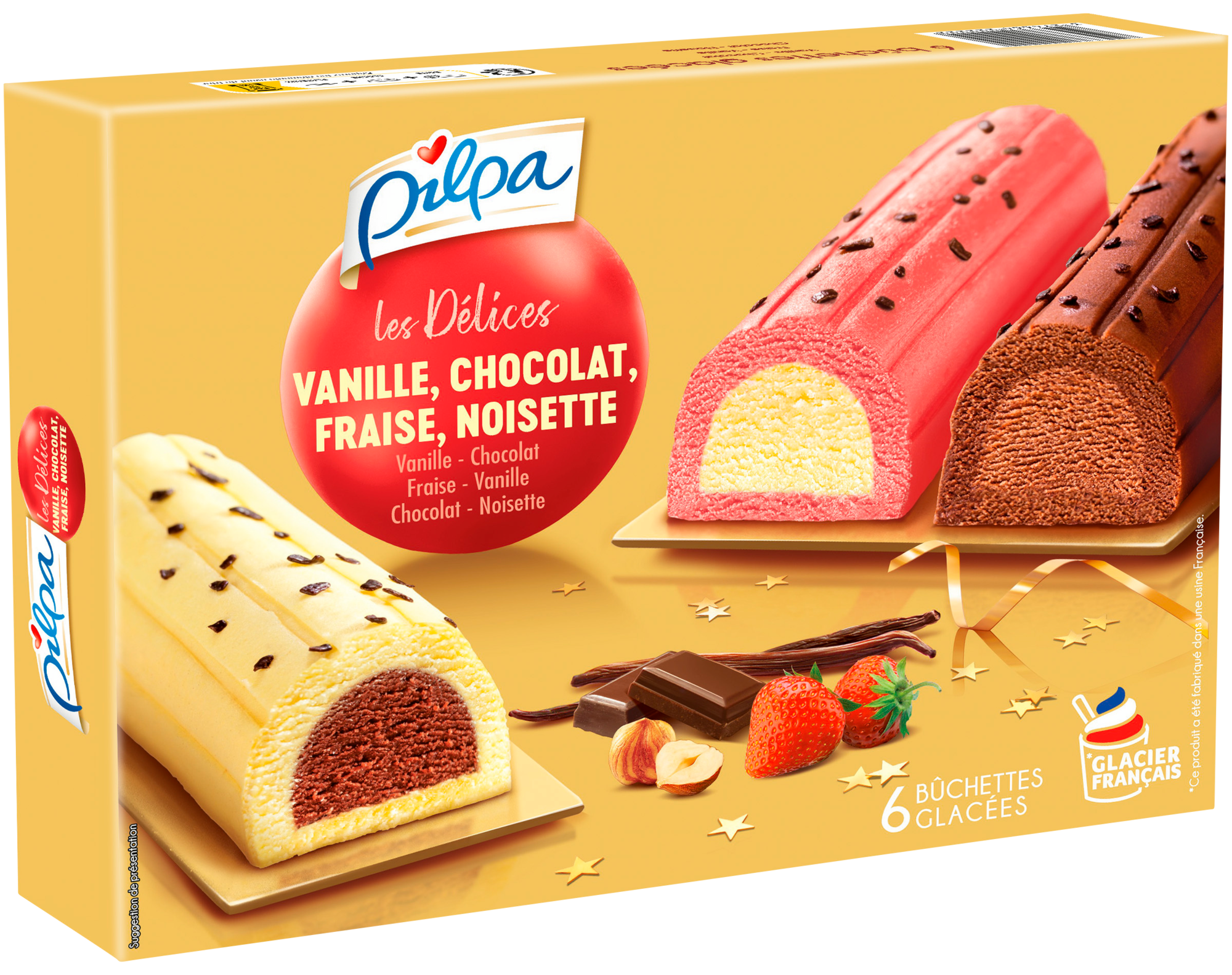 6 bûchettes glacées Les délices vanille, chocolat, fraise, noisette