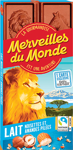 TABLETTE DE CHOCOLAT 
AU LAIT NOISETTES 
ET AMANDES PILÉES 
OU CARAMÉLISÉES