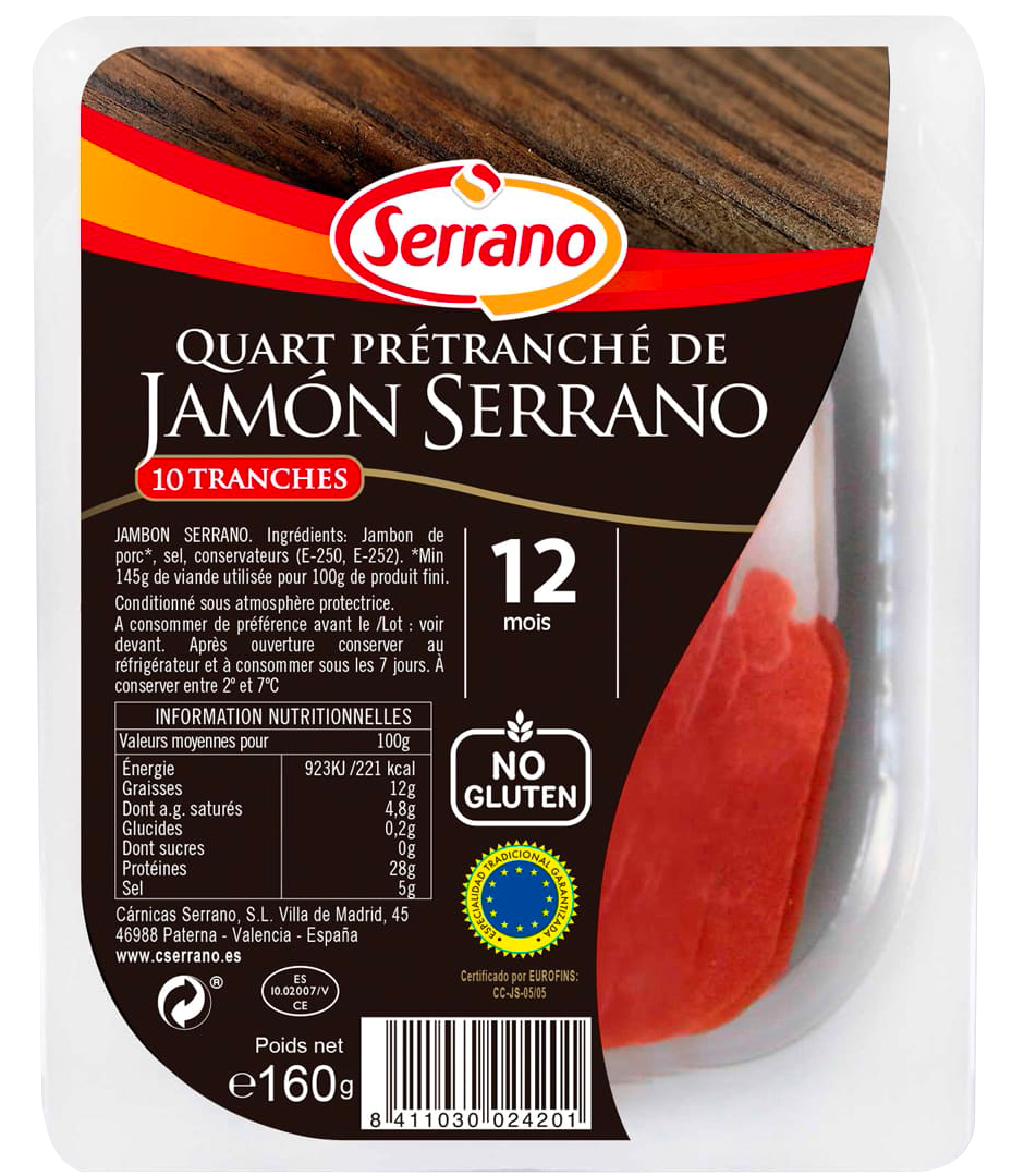 QUART PRÉTRANCHÉ DE JAMBON SERRANO ETG
12 MOIS D’AFFINAGE
