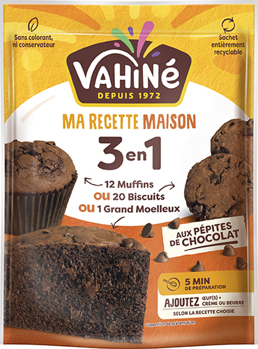 Préparation 3en1 moelleux muffins biscuits AUX PÉPITES DE CHOCOLAT
