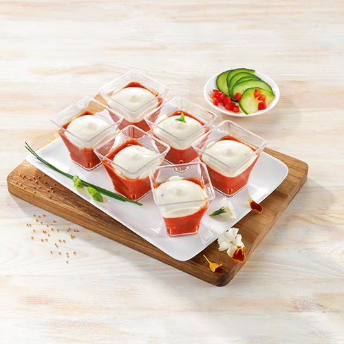 6 VERRINES CHÈVRE ET GASPACHO DE LÉGUMES, BASILIC ET CIBOULETTE