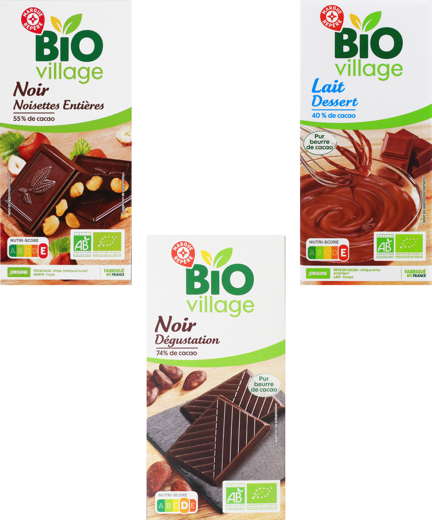 SUR LES TABLETTES DE CHOCOLAT BIO PRÉSENTES EN MAGASIN DE LA GAMME "BIO VILLAGE"