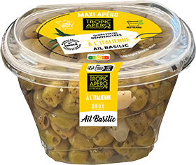 OLIVES VERTES DÉNOYAUTÉES A L'ITALIENNE DOUX AIL & BASILIC