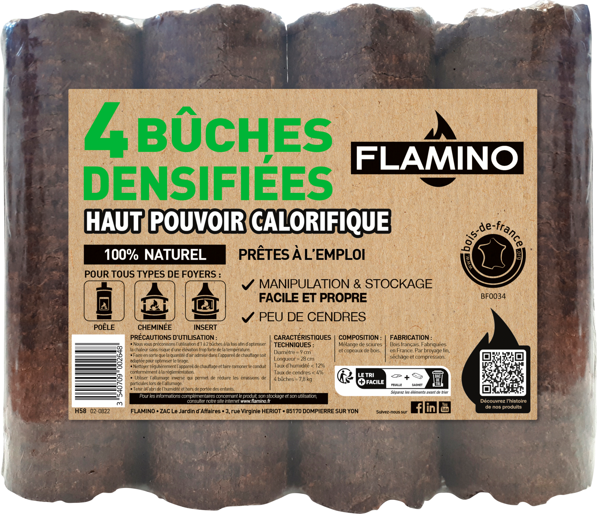 BÛCHES DENSIFIÉES HAUT POUVOIR CALORIFIQUE X4