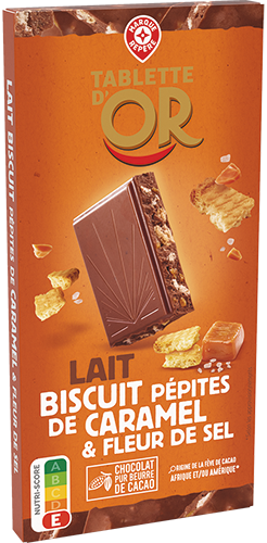 TABLETTE DE CHOCOLAT AU LAIT BISCUIT,
PÉPITES DE CARAMEL ET FLEUR DE SEL
