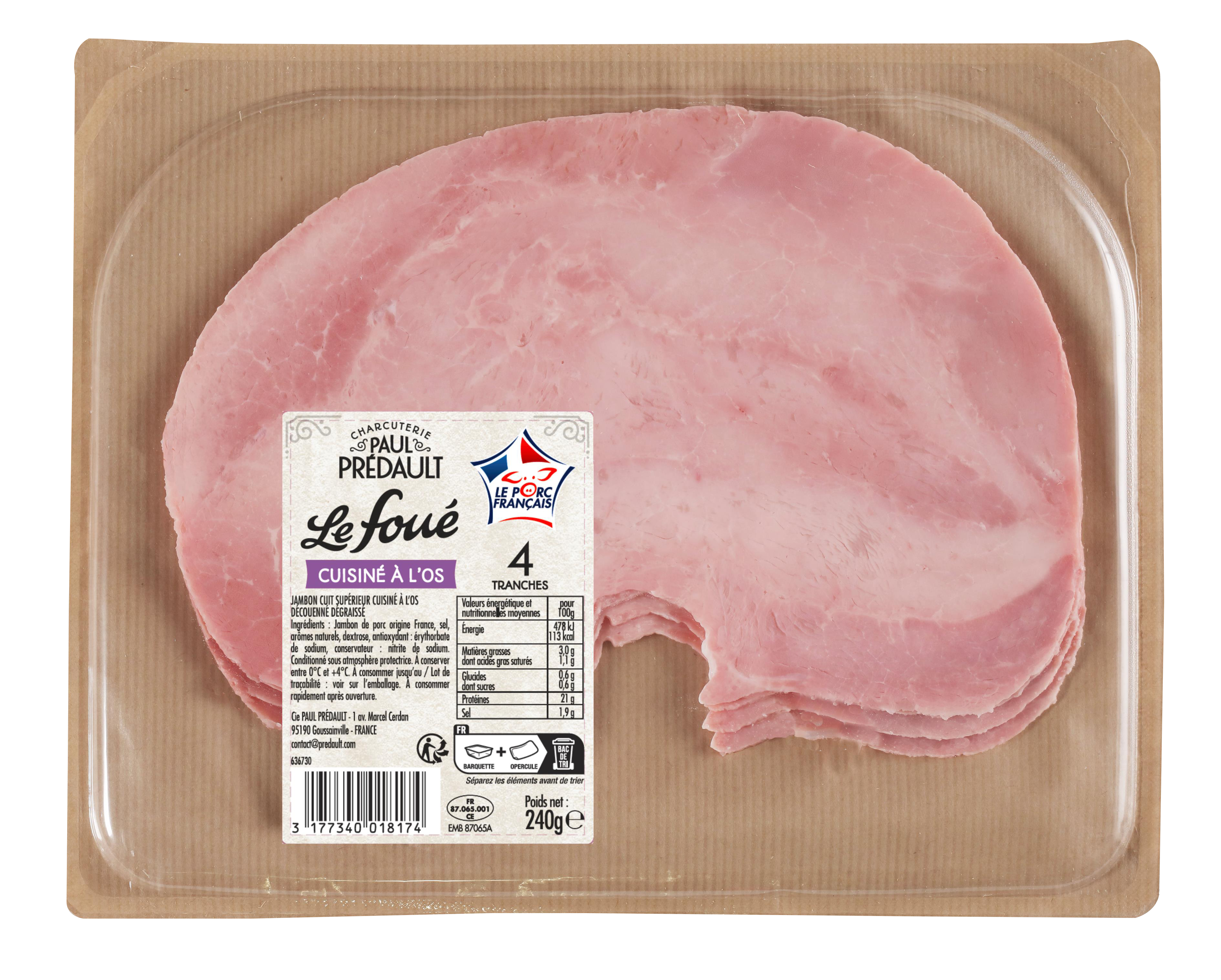 LE FOUÉ JAMBON CUIT SUPÉRIEUR CUISINÉ À L'OS DÉCOUENNÉ DÉGRAISSÉ