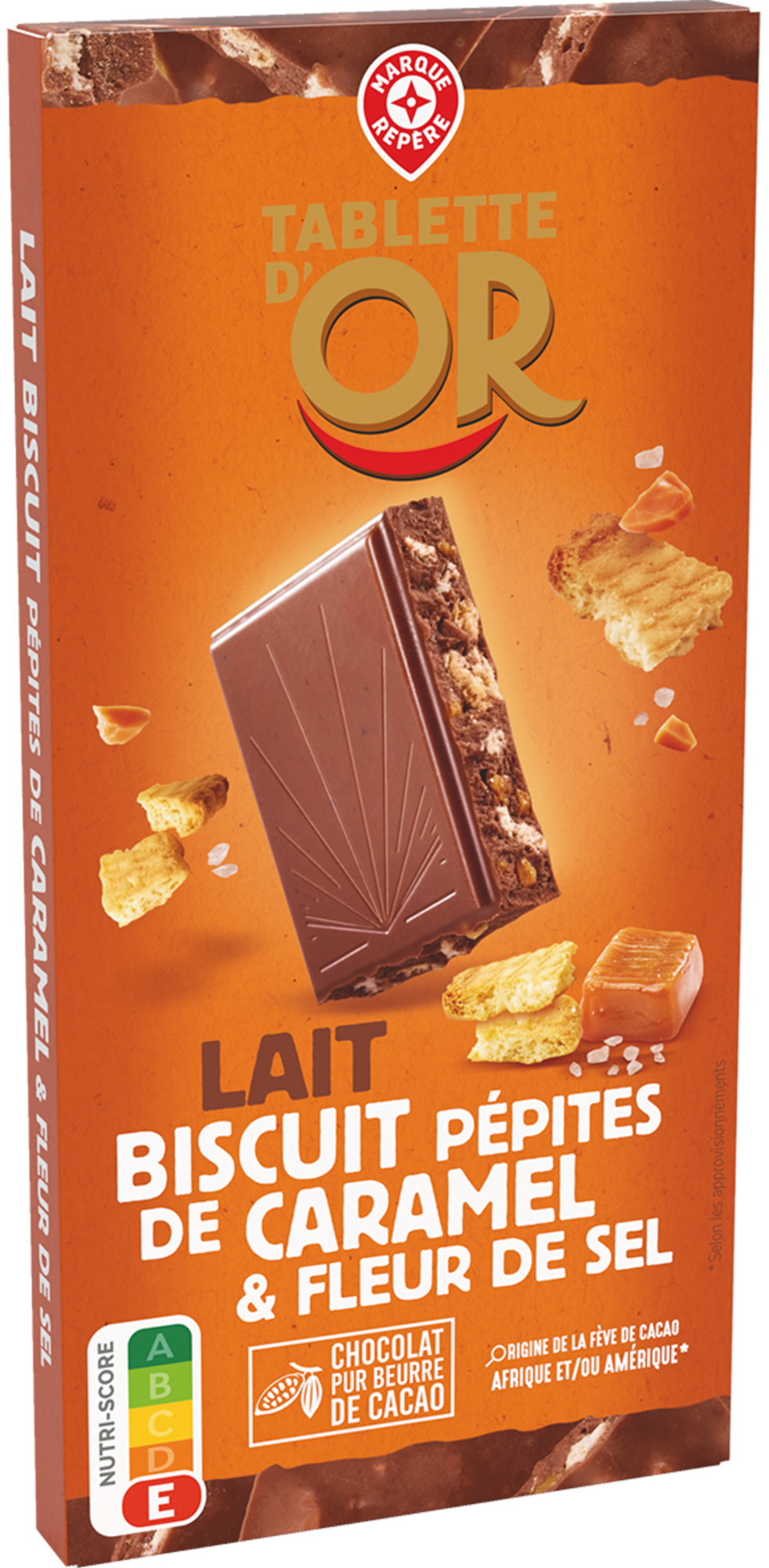 TABLETTE  DE CHOCOLAT AU LAIT BISCUIT, PÉPITES DE CARAMEL ET FLEUR DE SEL