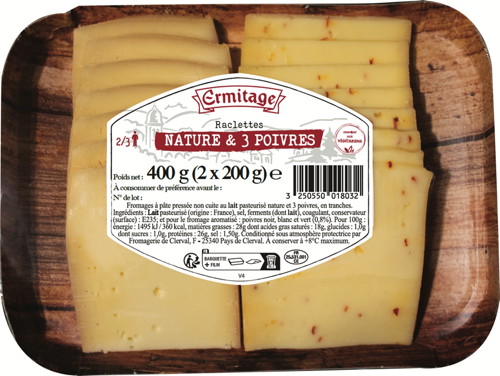 RACLETTE NATURE ET 3 POIVRES 28% MAT. GR.