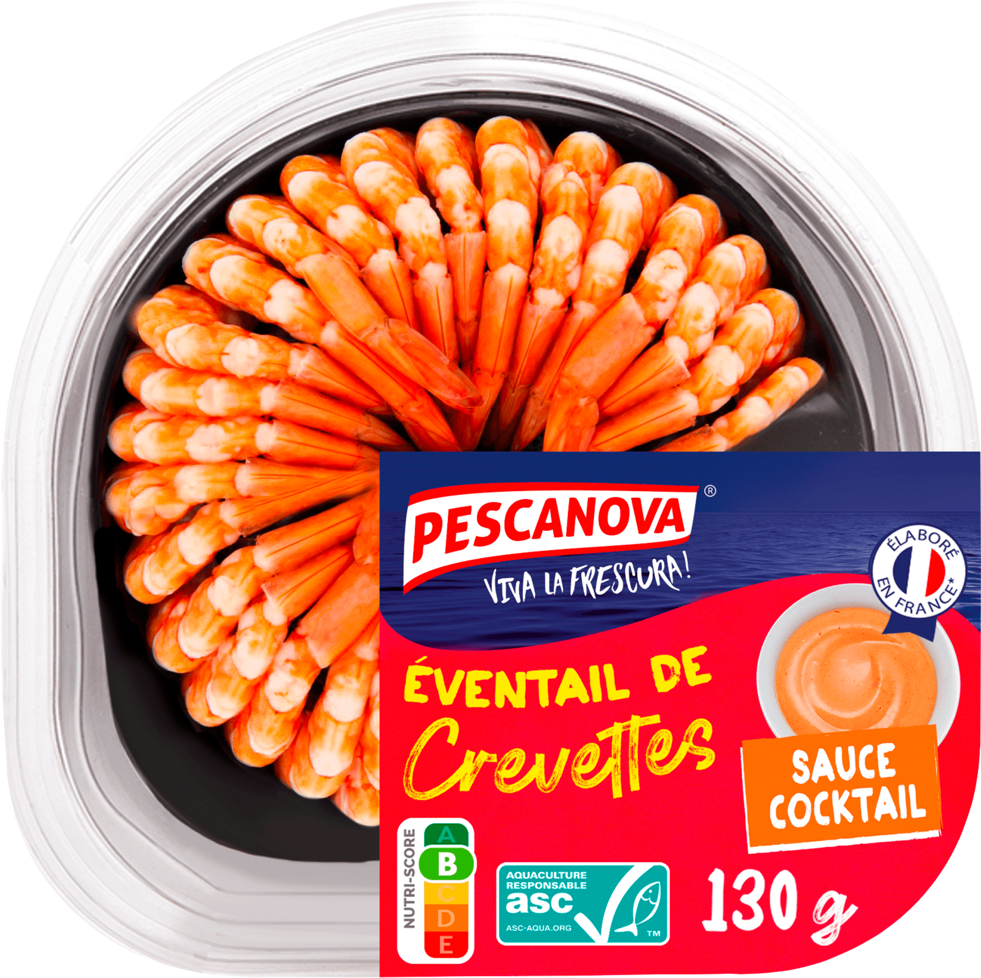 Eventail de queues de crevettes décortiquées ASC sauce cocktail