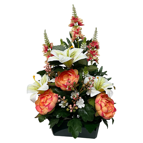 Jardinière DELPHINIA
(delphiniums,renoncules, lys)